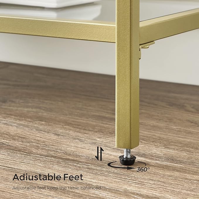 VASAGLE 51.2 Inch Console Table with 3 Shelves, Sofa Tables, Modern Entryway Table, Metal Frame, Tempered Glass Shelf, Entryway Living Room Bedroom, Metallic Gold and Transparent ULGT024A01