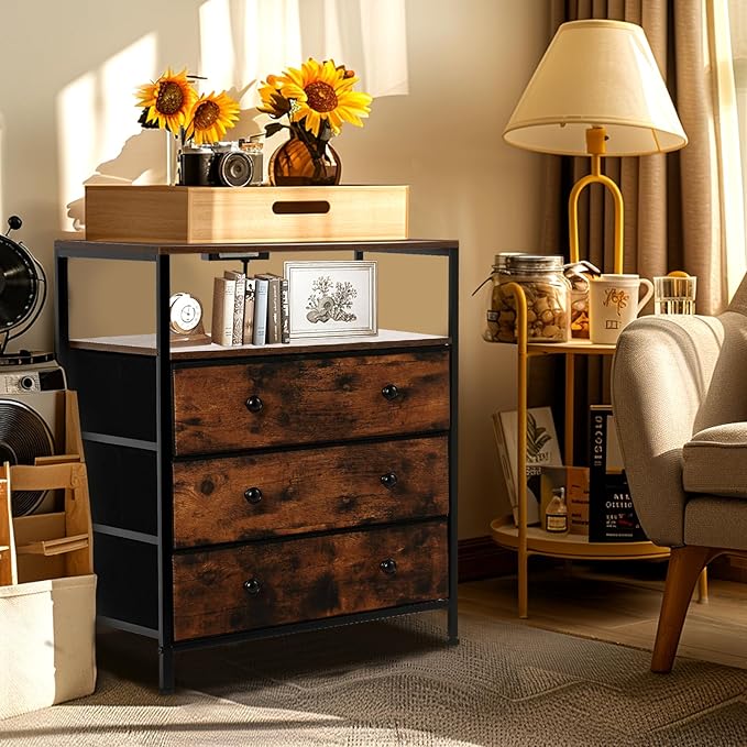 3 Drawers Dresser with Charging Station, 24 Inch Wide LED Night Stand with Adjustable Fabric Drawer, Nightstand with Storage Shelf for Living Room/Bedroom/Office, Rustic Brown.