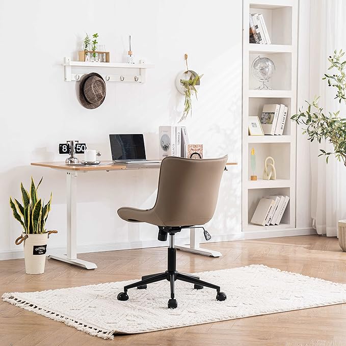 YOUNIKE Khaki Comfy Home Office Desk Chair with Wheels Armless Vanity Chair with Back Ergonomic Modern Leather Upholstered Rolling Task Chair Small Cute Sewing Chair No Arms Wide Swivel Adjustable