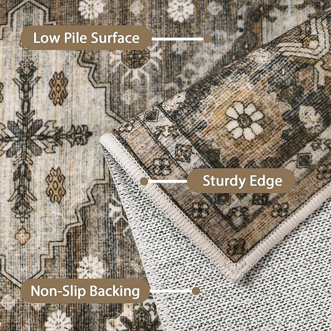 GENIMO 8x10 Area Rugs for Living Room, Machine Washable Low Pile Rugs, Non Slip Vintage Rug for Bedroom, Dining Room, Home Office, Kitchen, Distressed Deep Brown