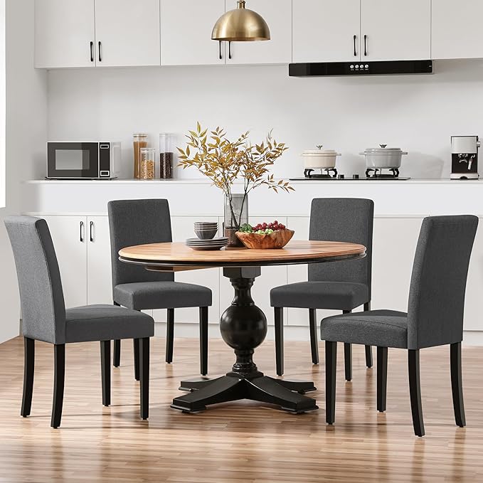Yaheetech Dining Chairs Set of 4 Fabric Parson Upholstered Kitchen Chairs with Padded Seat and Solid Wood Legs for Dining Room/Restaurant, Armless Design, Dark Grey
