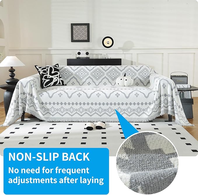 LUFEIJIASHI Boho Couch Covers for Sofa Non Slip Sofa Covers Washable Couch Covers for 3 Cushion Couch Sofa Pet Friendly Sectional Couch Cover Blanket Furniture Protector for Dogs (Grey, 71"x118")