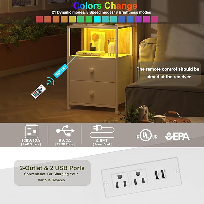 Tohomeor Nightstand with Charging Station LED Light End Table Bedroom Bed Side Dresser with Fabric Drawers Open Storage Shelf Living Room Sofa End Table with USB Ports and Outlet (White, 2 Packs)