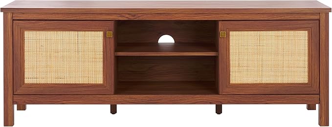 SAFAVIEH Evane TV Stand for up to 65" Flatscreen – Walnut & Natural, 2 Doors with Interior Storage, 2 Open Shelves, Entertainment Media Console (MED9629A)