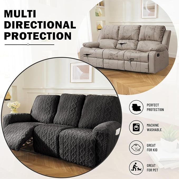 vctops 8 Pieces Geometric Jacquard Plush Recliner Sofa Covers Soft Fuzzy Fluffy 3 Seats Couch Cover Anti-Slip Sofa Slipcover Furniture Protector with Elastic Bottom for Kids Pet(Dark Grey,3 Seat)
