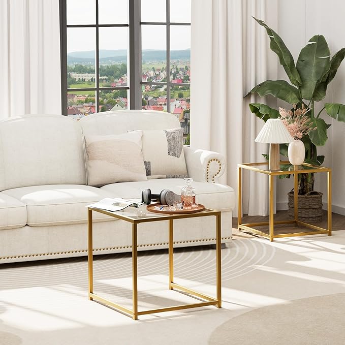 Garden 4 you Coffee Table Set of 2, Modern Glass Nesting Table, Metal Frame Square Center Table Set, Side Tables, Nesting Coffee Table for Living Room, Bedroom and Small Spaces, 19.7in Gold