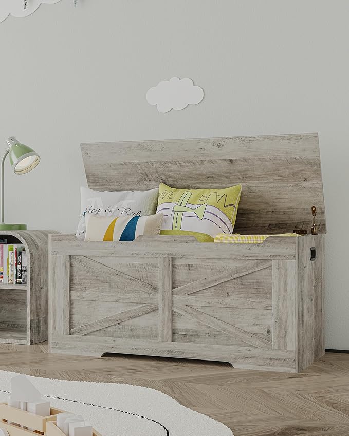 39.4" Storage Chest, Extra Large Storage Trunk with 2 Safety Hinges, Wooden Box Bench, Lift-Top Organizer Chest, Shoe Bench for Entryway, Bedroom, Living Room, Greige SB03405X