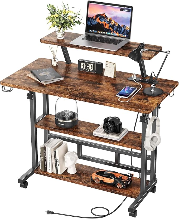 Adjustable Height Standing Desk with Power Outlets, Rolling Stand Up Desk with Monitor Stand and Storage Shelves, 31.5" Small Mobile Computer Desk, Portable Laptop Table (Retro Brown)