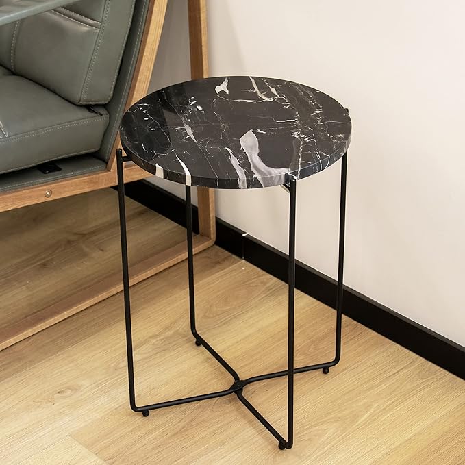 Real Natural Marble Top Metal Round Side End Table, Modern Lightweiht Bedside Small Coffee Table for Living Room Bedroom Small Space Black…