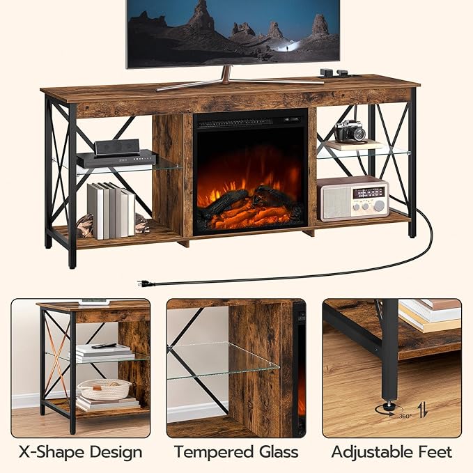 HOOBRO Fireplace TV Stand with Charging Station and LED Lights, TV Stand with Fireplace for TVs up to 65", Entertainment Center with Fireplace, Glass Shelves, Rustic Brown and Black BF140UDDS01
