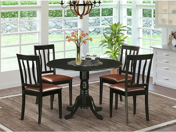 East West Furniture DLAN5-BLK-LC 5 Piece Dining Table Set for 4 Includes a Round Kitchen Table with Dropleaf and 4 Faux Leather Dining Room Chairs, 42x42 Inch, Black