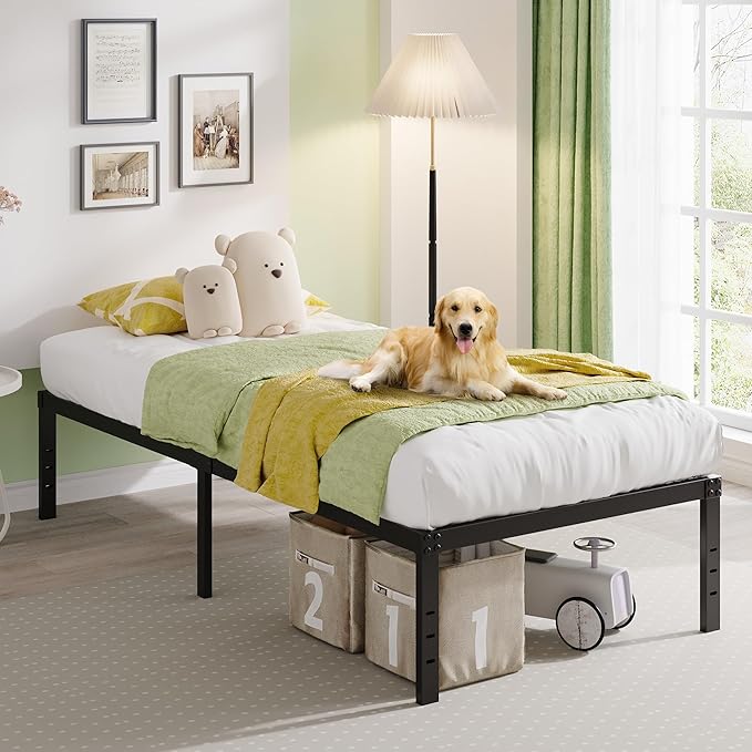 EMODA 16 Inch Heavy Duty Twin Bed Frame, Metal Platform Bed Frames No Box Spring Needed, Noise Free, Easy Assembly, Black