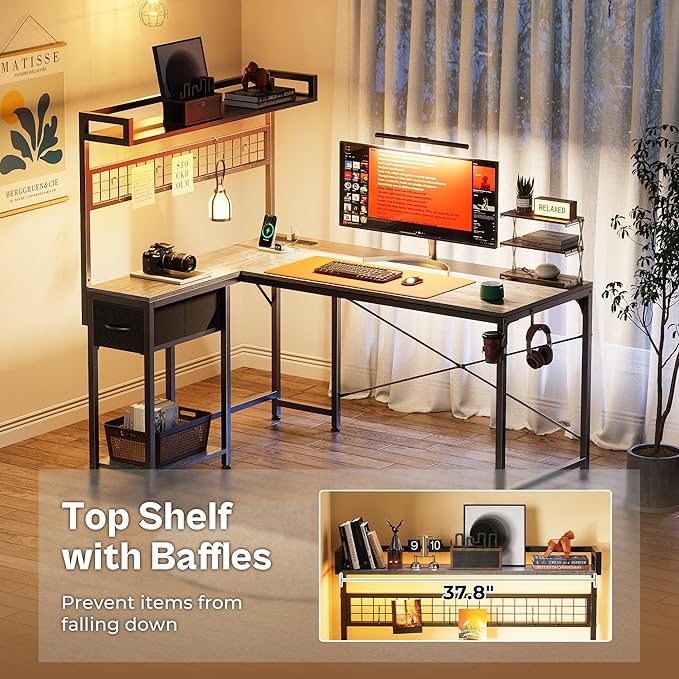 PRAISUN L Shaped Gaming Desk with Shelves, Corner Computer Table with LED Lights, Power Outlets and USB-C Ports, 50 Inch Reversible Home Office Desk with Storage Drawer, for Work and Study, Grey