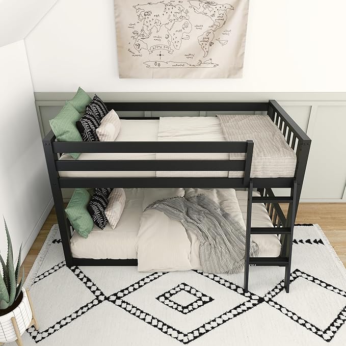 Max & Lily Low Bunk Bed, Scandinavian Modern Bunk Bed, Solid Wood Twin-Over-Twin Bed Frame for Kids, No Box Spring Needed, Black
