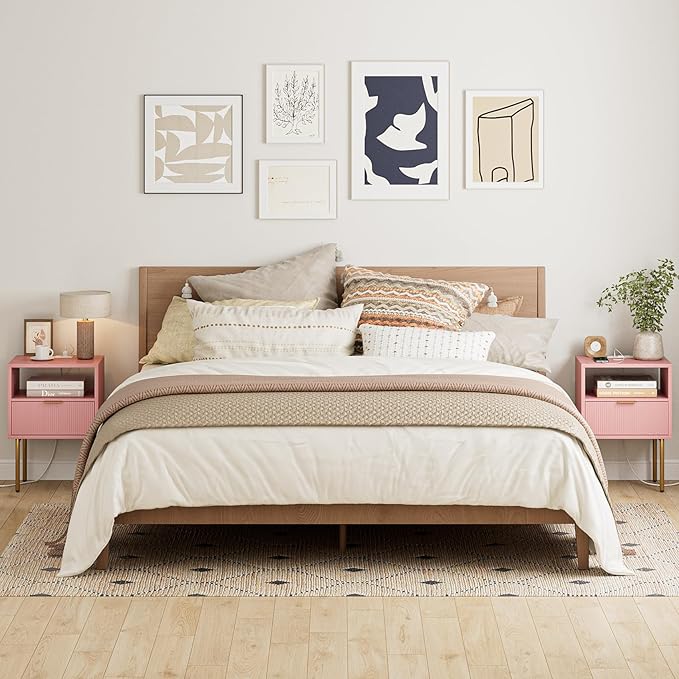 Masupu Nightstand with Charging Station,Mid-Century Modern Bedside Table with Storage Drawer and Open Wood Shelf,Small Gold Frame Side Table for Bedroom,Living Room (Pink)