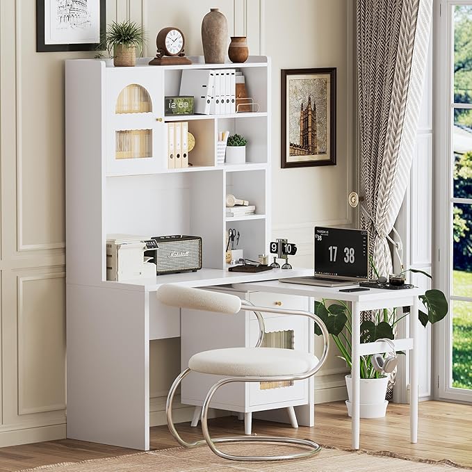 Merax Computer Desk with 90 Degree Rotating Desktop, L Shaped Office Desk with Storage Drawer and Cabinets, Writing Desk with Shelves for Study, Work Desk for Office Bedroom Living Room, White