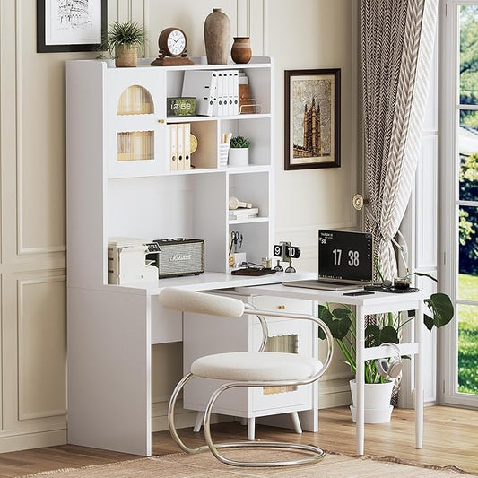Merax Computer Desk with 90 Degree Rotating Desktop, L Shaped Office Desk with Storage Drawer and Cabinets, Writing Desk with Shelves for Study, Work Desk for Office Bedroom Living Room, White