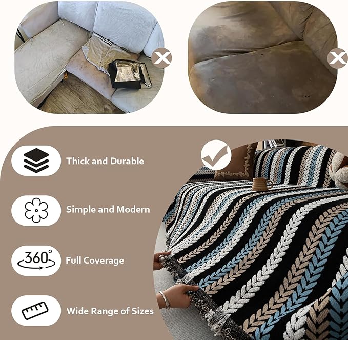 STACYPIK Boho Chenille Sofa Cover, Soft Jacquard Leaves Couch Cover, Non-Slip Loveseat Cover for Sectional Sofa, Washable Pet Protector for 3 Cushion Couch,Multi-use Vintage Throw Slipcover-71x150IN