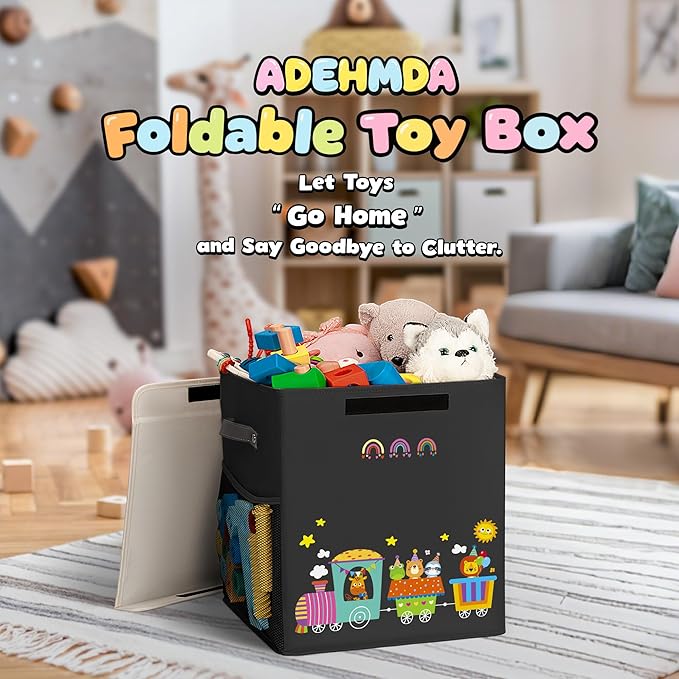 40L Large Toy Storage Box with Lid, Large Toy Box Chest for Kids, Girls and Boys, Nursery Room and Living Room, 13"x13" x16" (black-train)