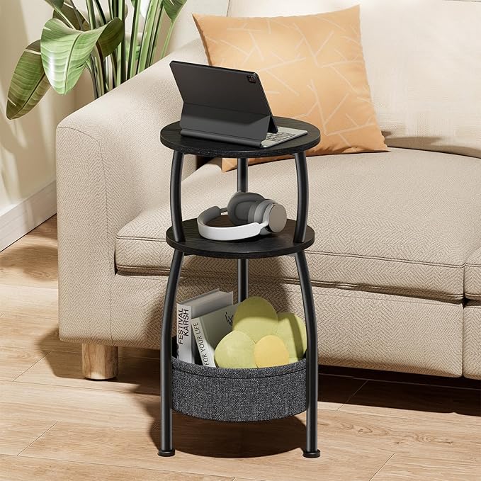 Small Round end Table for Living Room with Storage Basket –Small Space Saving End Table 3-Tier Accent Nightstand Couch Corner Table for Sofa, Bedroom, Patio and More 24in Tall Classic Black
