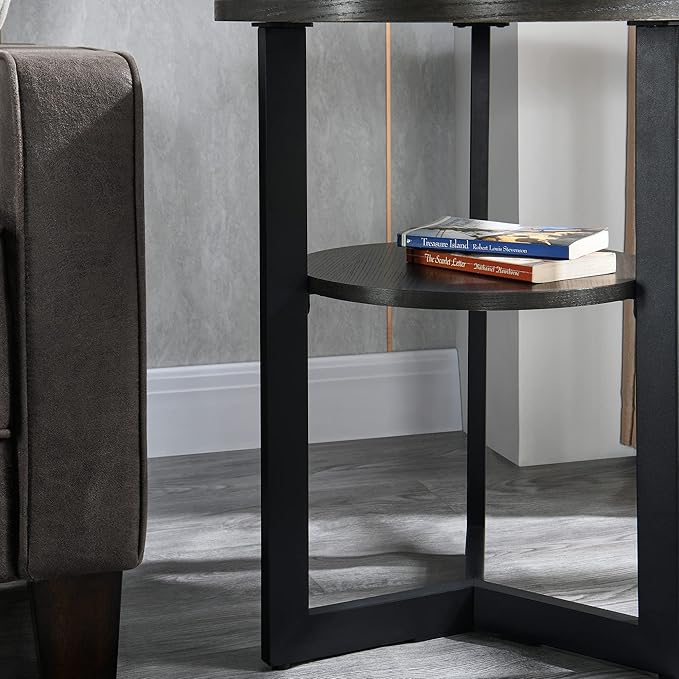 LEEMTORIG Round Side Table, 2-Tier End Table Nightstand with Metal Legs, Modern Bedside Couch Accent Table for Living Room, Bedroom, Office, Rustic Black/Black, 19.3 x 19.3 x 24 inches BZ-1338-BK