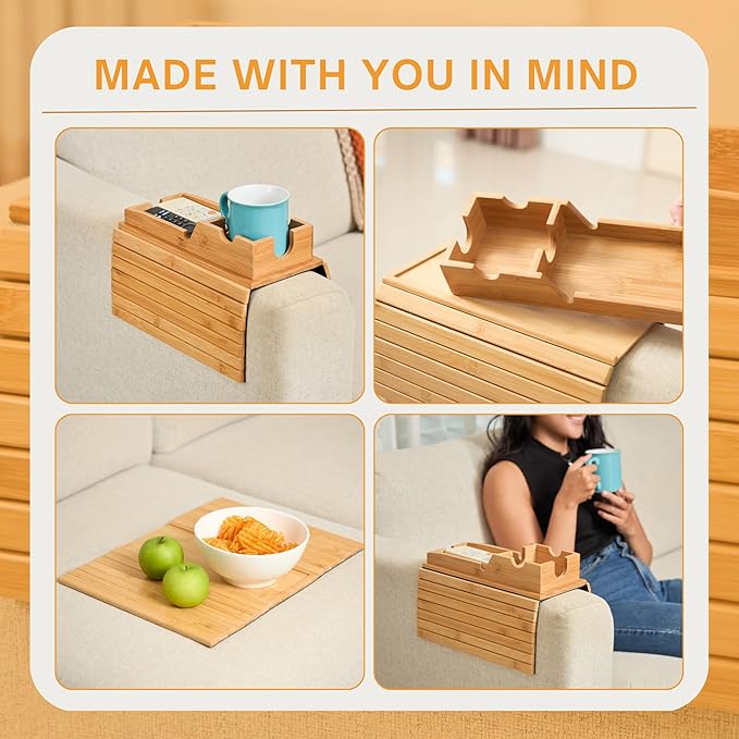 Couch Cup Holder Tray - Portable Sofa Arm Tray Table - Anti-Spill Armchair Caddy Couch Arm Table Snack Organizer with Removable Tray - Remote Control Holder Perfect for Cups, Snacks, Phone
