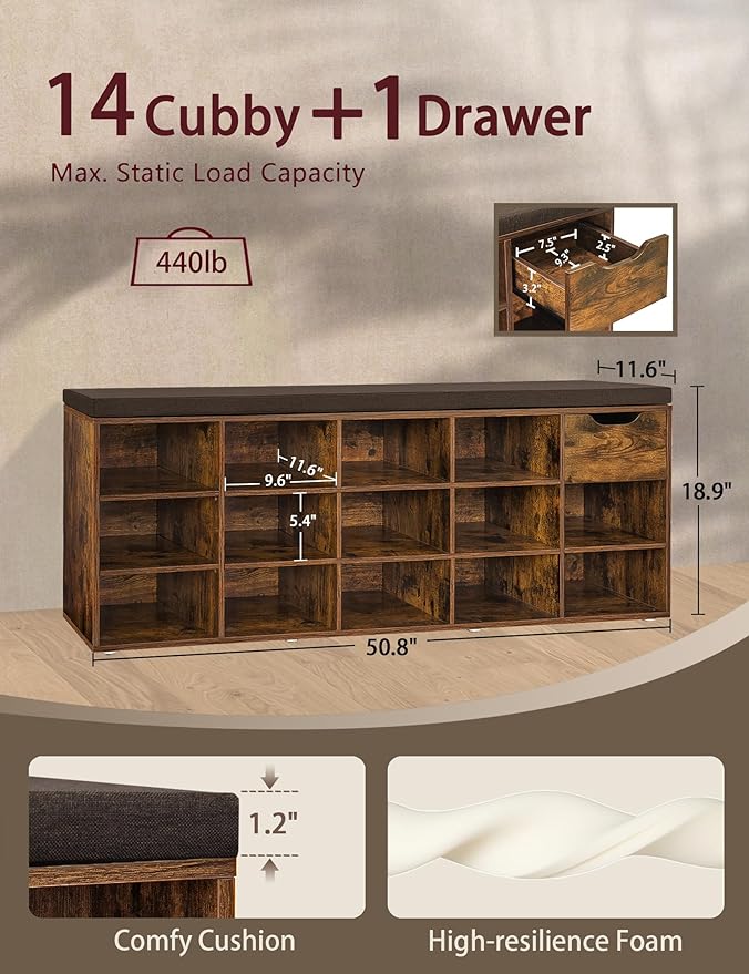 DINZI LVJ Shoe Bench, Entryway Storage Bench with Drawer and 14 Cubbies, Long Cubby Shoe Rack with Adjustable Shelves, Shoe Organizer for Living Room, Bedroom, Mudroom, Garage, Rustic Brown