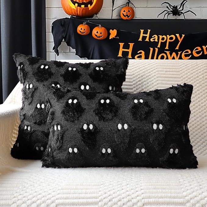 4TH Emotion Halloween Ghost Decorative Pillow Covers 18x18 Set of 2, Black Soft Plush Faux Fur Farmhouse Throw Cushion Cases for Fall Autumn Holiday Home Decorations