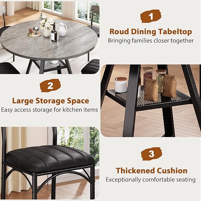 Round Dining Table Set for 4, Kitchen Table and Chairs for 4, Circle Table Round Pedestal Dining Room Dinner Dinette Table Set,5 Piece Space Saving Wood Kitchen & Dining Room Tables (Grey, 42In)
