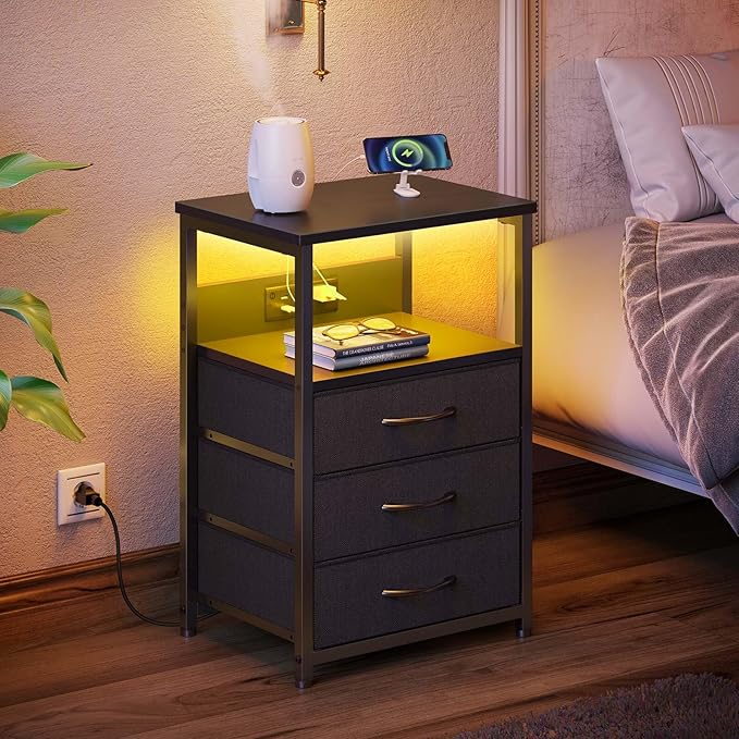 Seventable Nightstand with Charging Station and LED Light, Set of 2 Side Table with 3 Fabric Drawers, Bedside End Table with USB Ports and Outlets, Night Stand for Bedroom, Black