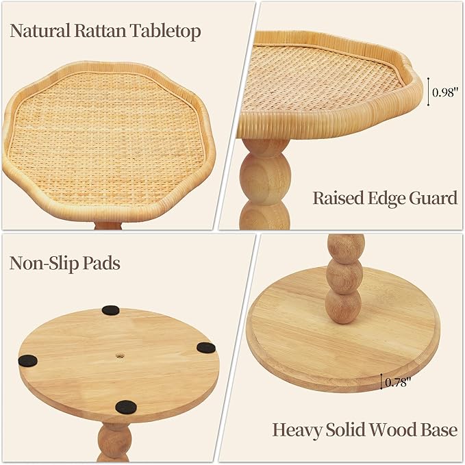 Drink Table, Boho Rattan Flower Small Side Table for Small Spaces, Solid Wood Modern Nightstand for Living Room, Bedroom, Farmhouse, Corners