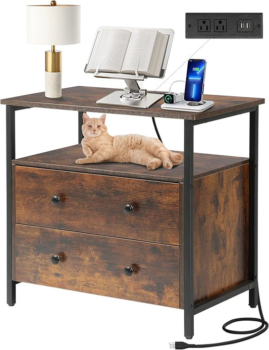 27 inch Wide Nightstand with Charging Station, Bedside Table with Open Shelf, 2 Drawers Small Wood Dresser, End Side Table for Bedroom (Rustic Brown)