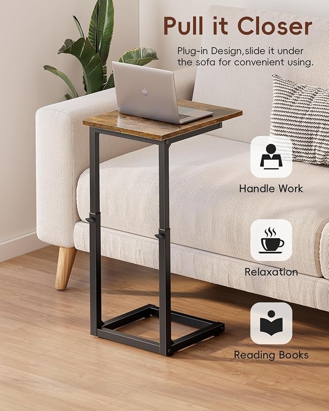 Vagusicc C Shaped End Table, 33" Tall Couch Table Adjustable Height Side Table, Sofa Table That Slide Under, C Table End Table TV Tray Coffee Arm Table for Living Room, Bedroom, Small Spaces, Brown