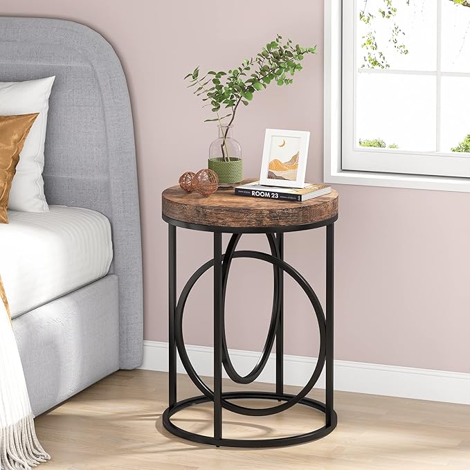 Tribesigns Round End Table for Living Room, 20-Inch Wide, Industrial Side Table with Metal Frame and Wood Top, Modern Circle Accent Table, Tall Narrow Nightstand for Bedroom (Rustic Brown)