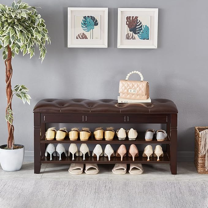 Shoe Storage Bench, Entryway Shoe Rack with Fiberleather Seat 2-Tier Lift Top Organizer Wooden Shoe Bench for Entryway Hallway Living Room (Dark Brown 39.4x13.8x18.9'')
