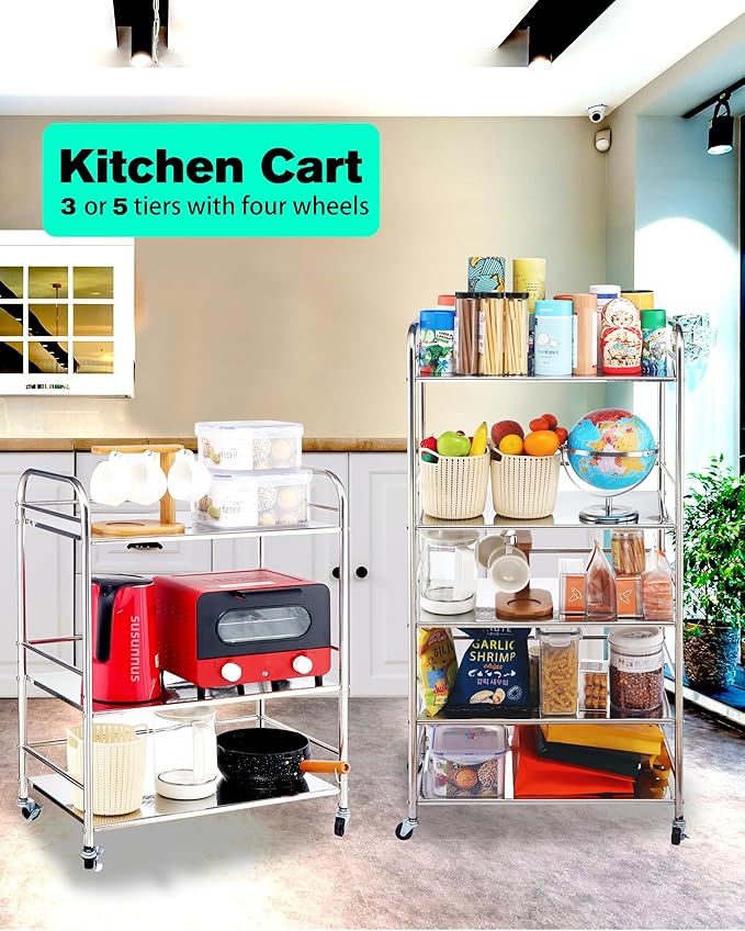 susunnus Stainless Steel Cart with Wheels 3 Tier,Stainless Steel Kitchen Cart,Utility Cart,Metal Cart with Wheels,Suitable for Various Occasions,Movable,Gift Tools