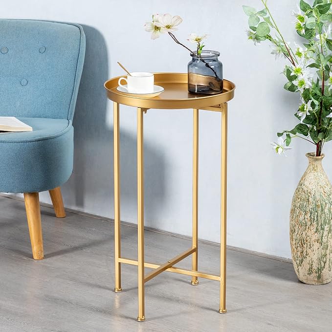 HollyHOME Small Round Metal Waterproof End Table, Accent Indoor&Outdoor Side Table, Sofa Table for Living Room, Anti-Rust Decorative Plant Stand, (D) 14.5" x (H) 25", Golden