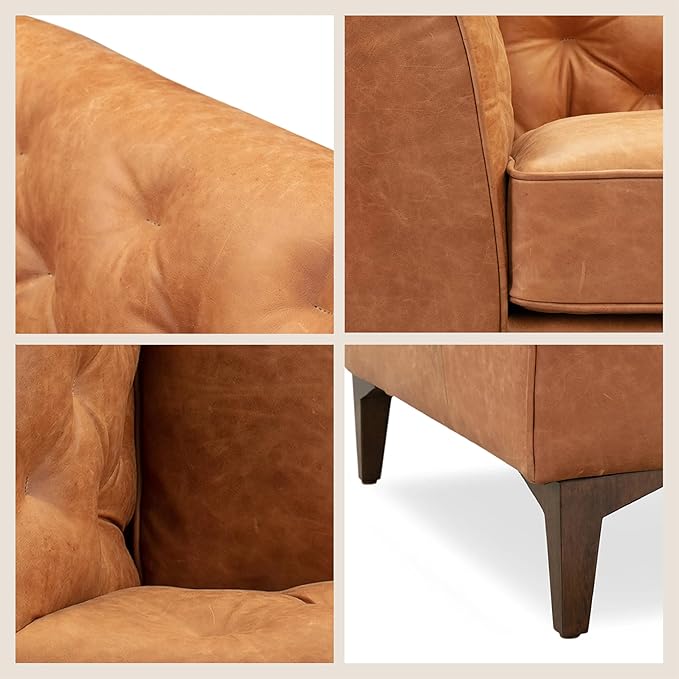 Poly & Bark Essex Lounge Chair - Leather Chair with Tufted Back - Full-Grain Living Room Armchair with Feather-Down Topper - Single Couch - Vintage Italian Leather in Cognac Tan