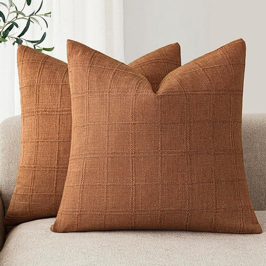 Foindtower Set of 2 Decorative Linen Check Throw Pillow Covers Neutral Farmhouse Vintage Cushion Covers Modern Boho Home Decor for Sofa Chair Couch Bedroom Living Room Outdoor,22×22 Inch,Orange