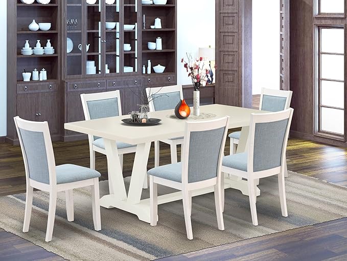East West Furniture V027MZ015-7 7 Piece Dining Table Set Consist of a Rectangle Kitchen Table with V-Legs and 6 Baby Blue Linen Fabric Upholstered Chairs, 40x72 Inch, Multi-Color