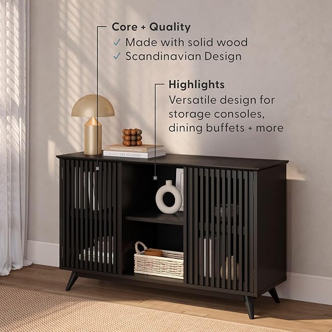 Plank+Beam Mid-Century Modern Wood TV Stand, Solid Wood Entertainment Console with Storage, 49" L x 16" W x 30" H, Black