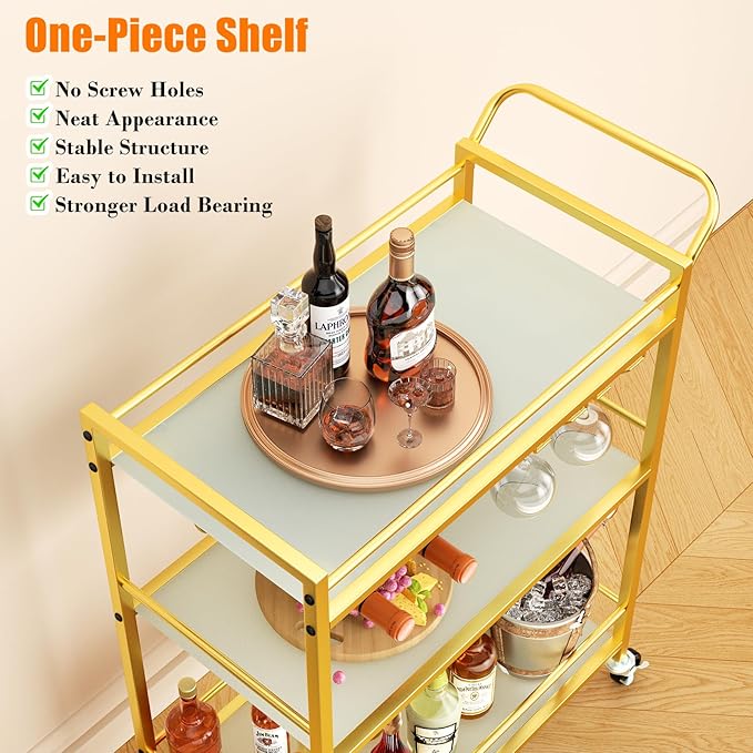 Gold Bar Cart, Serving Cart for Home, Rolling Beverage Cart with Wheels, Wine Cart, 3-Tier Drink Carts with Wine Rack, Glass Holder, Stylish Glass Shelf, for Kitchen, Living Room