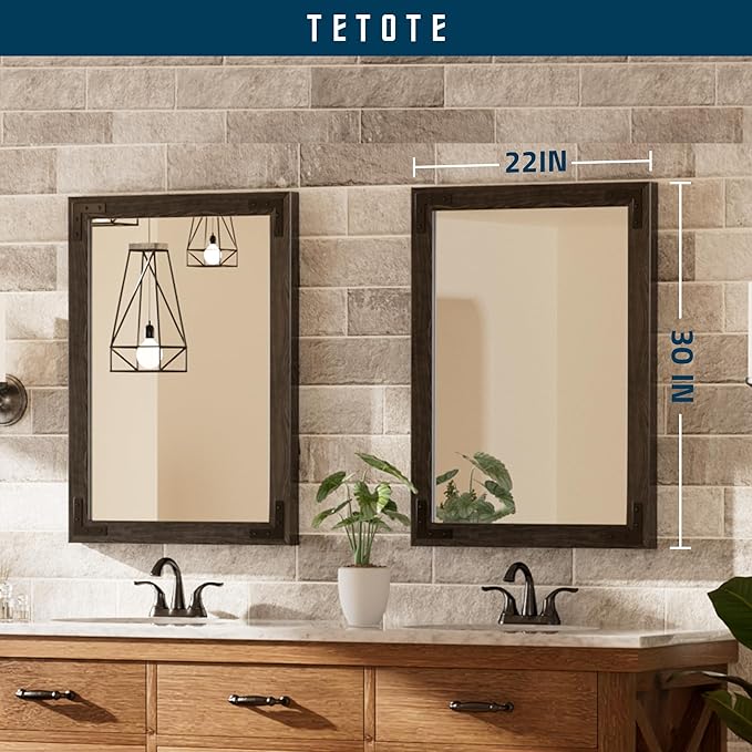 TETOTE 22 x 30 Black Wooden Mirror for Bathroom Wall/Bedroom/Living Room/Entryway Farmhouse Rustic Bathroom Vanity Mirror for Wall Waterproof (Horizontal/Vertical Mounted)