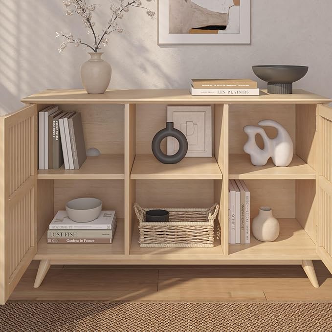 Plank+Beam Mid-Century Modern Wood TV Stand, Solid Wood Entertainment Console with Storage, 49" L x 16" W x 30" H, Blonde