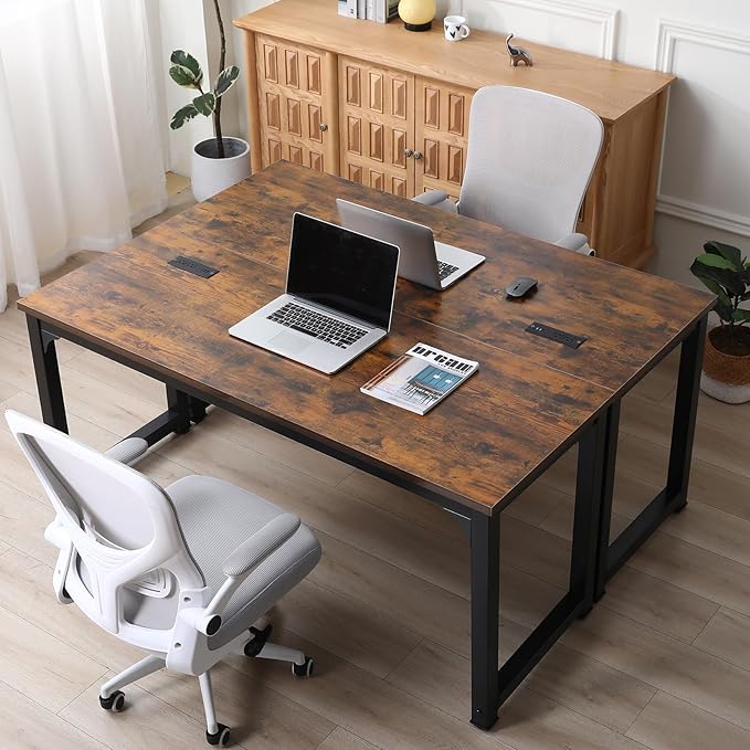 Large Computer Desk - 63 Inch Home Office Desks Study Student Writing Table Gaming Desk Wood Modern Simple Table with USB Ports, Rustic Brown