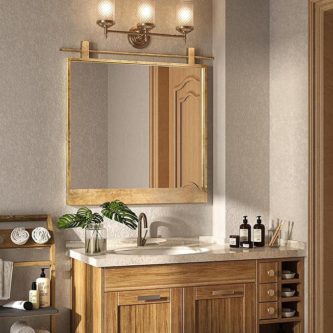 24x24 Inch Square Bathroom Vanity Mirror for Wall Mounted Over Sink Farmhouse Rustic Matte Brushed Gold Barn Door Mirrors Foyer Entryway Decor