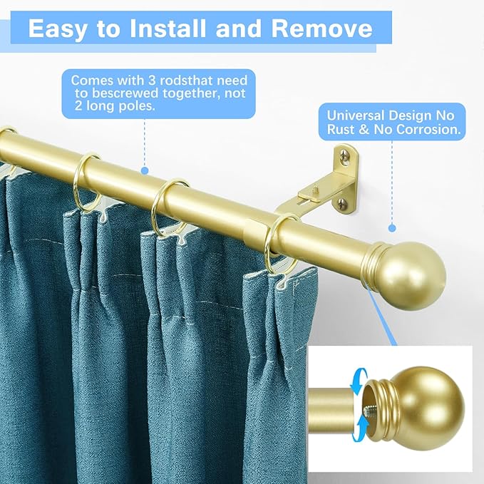 Curtain Rods for Windows 16 to 48 Inches, Curtain Rod Max Adjustable Length of 60 IN, 6/8" Diameter Drapery Rods Round Finials, Warm Gold, Pack of 1