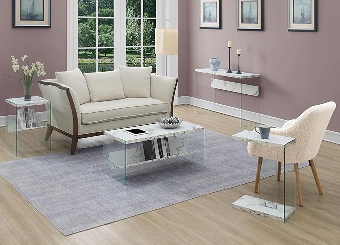 Convenience Concepts SoHo Glass Modern Living Storage Shelf, Contemporary Coffee Table for Family Room, 40", Faux White Marble