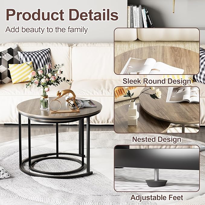 Garden 4 you Nesting Coffee Table, 23.6" Round Coffee Table Set of 2, Wooden Nesting Table Set with Metal Frame, Side Tables for Living Room Bedroom Balcony, Brown
