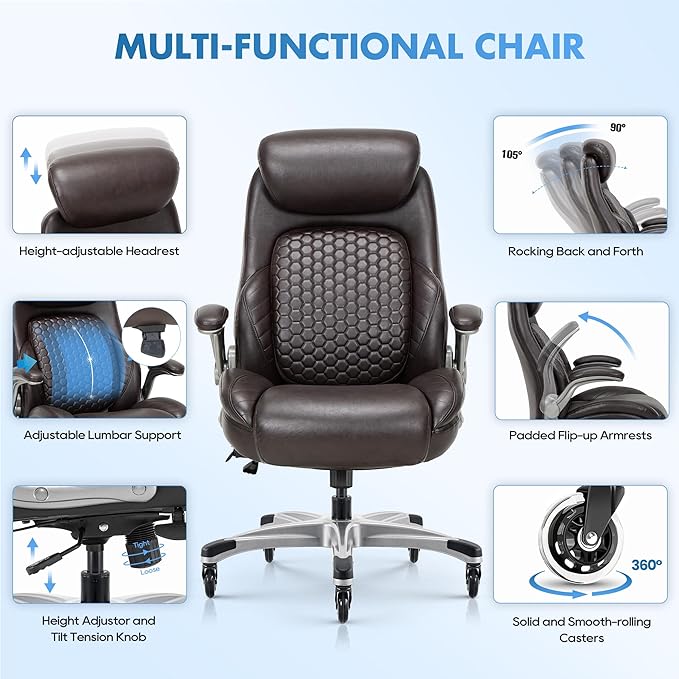 COLAMY Office Ergonomic Desk High Back Executive Chair with Pop-Out Lumbar Support, Upgraded Casters, Adjustable Headrest, Flip-Up Arms, Leather Home with Thick Cushion for Comfort - Brown